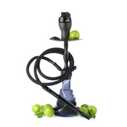 Photo of Dark traditional hookah, limes and mint isolated on white