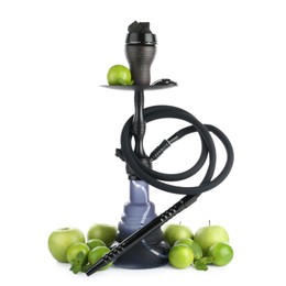 Photo of Dark traditional hookah, limes and mint isolated on white