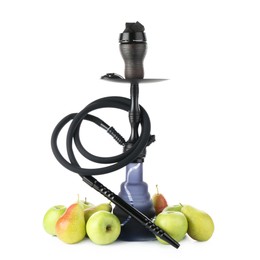 Photo of Dark traditional hookah, pears and apples isolated on white
