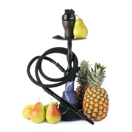 Photo of Dark traditional hookah, pineapples and pears isolated on white
