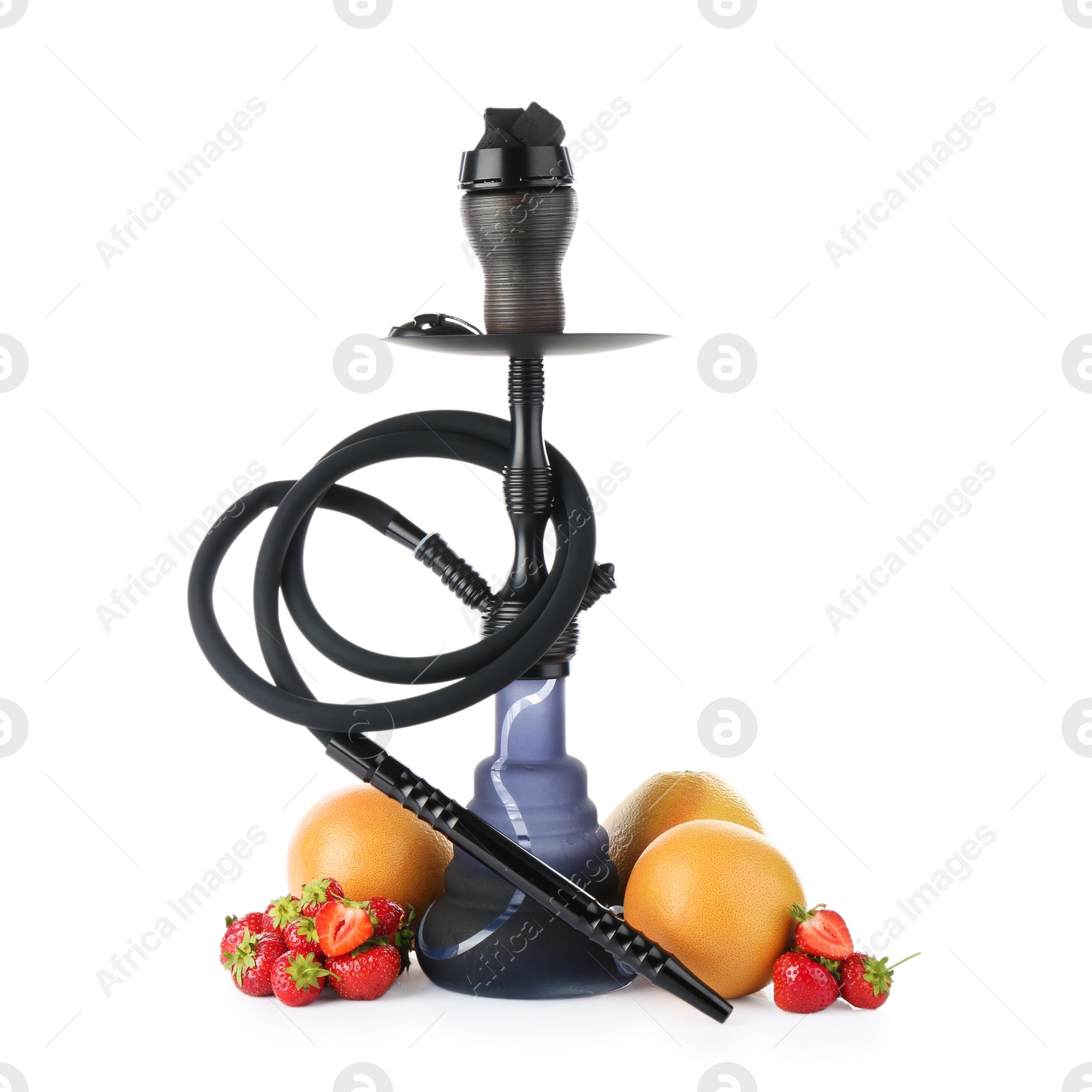 Photo of Dark traditional hookah, grapefruits and strawberries isolated on white