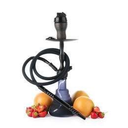Photo of Dark traditional hookah, grapefruits and strawberries isolated on white