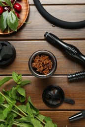 Photo of Flat lay composition with traditional hookah parts on wooden table