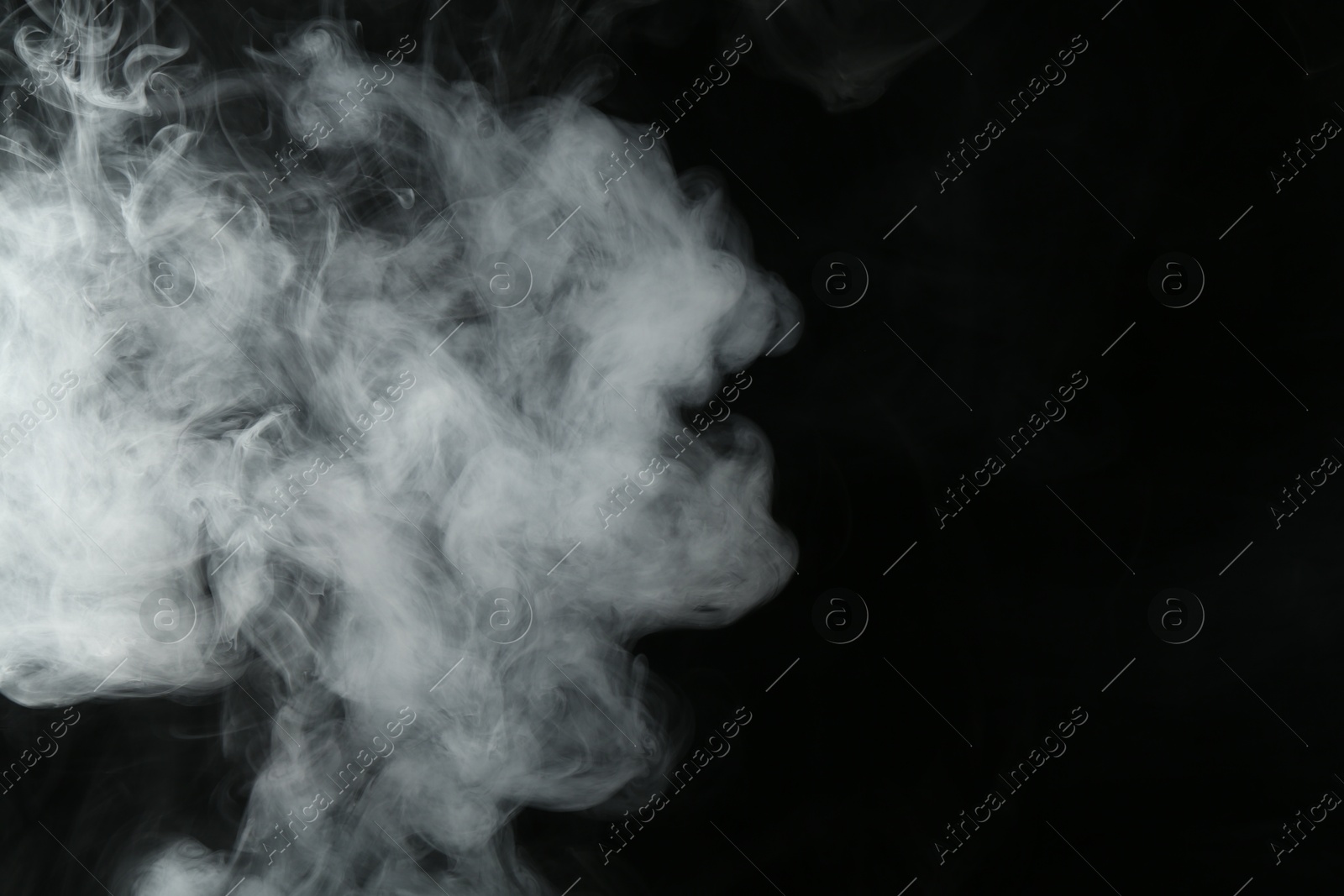 Photo of Hookah smoke on black background, closeup. Space for text