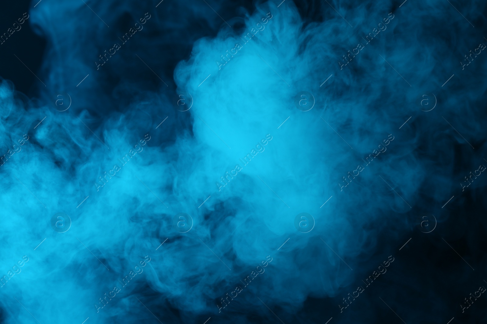 Photo of Hookah smoke in blue light on black background, closeup