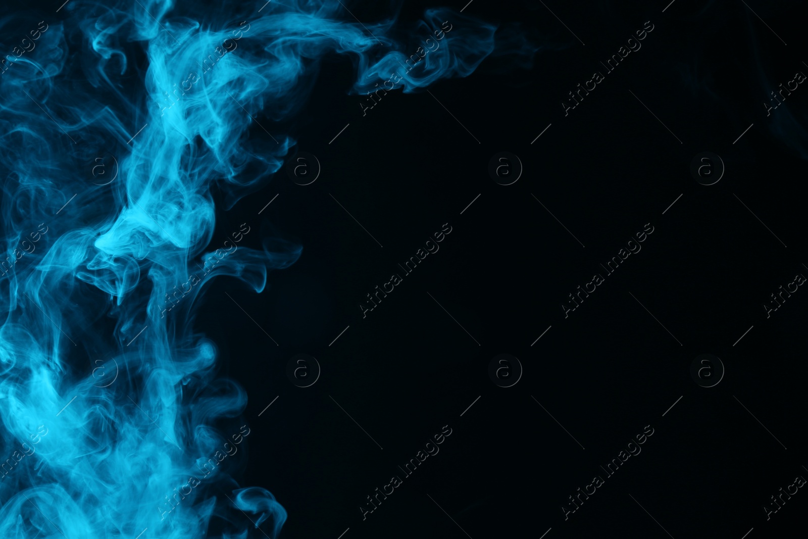 Photo of Hookah smoke in blue light on black background, closeup. Space for text