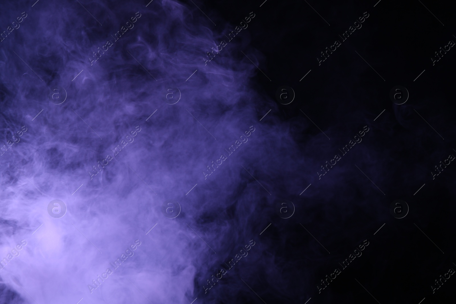 Photo of Hookah smoke in violet light on black background, closeup