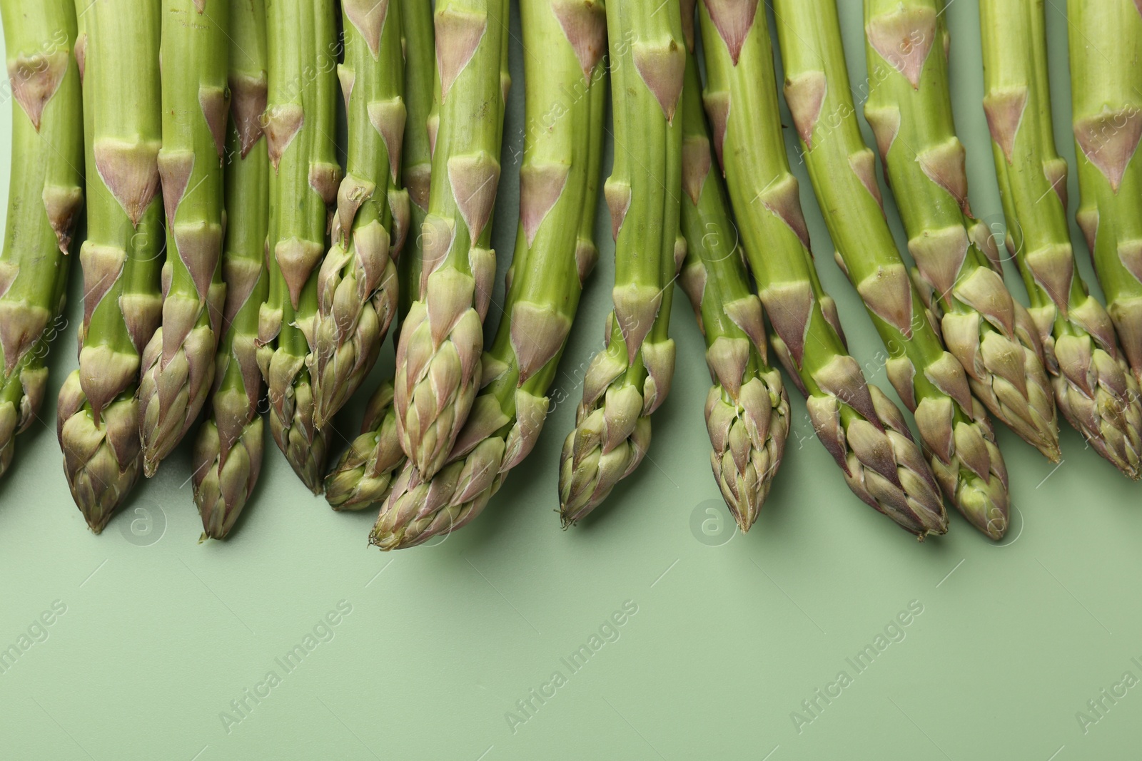 Fresh ripe raw asparagus on green background, closeup Photo of Fresh ripe raw asparagus on green background, closeup