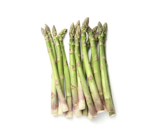 Photo of Fresh ripe raw asparagus isolated on white, top view
