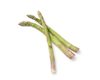 Photo of Fresh ripe raw asparagus isolated on white, top view