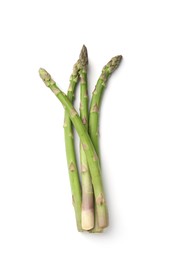 Photo of Fresh ripe raw asparagus on white background, top view