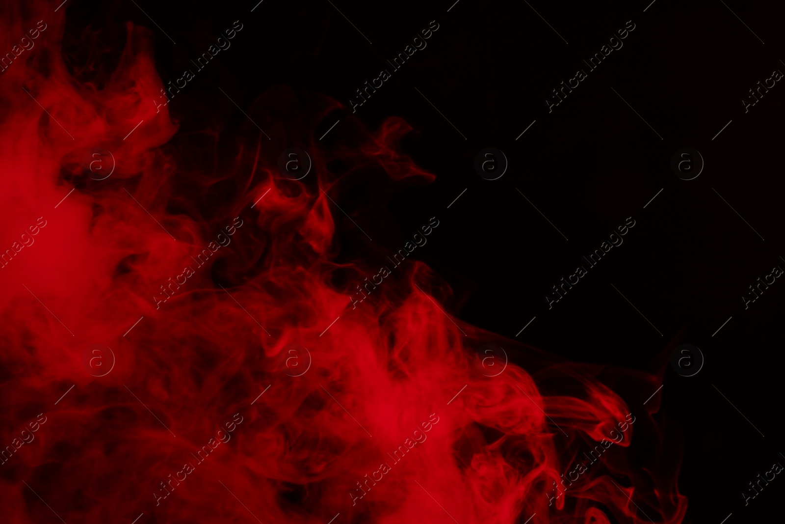 Photo of Hookah smoke in red light on black background, closeup. Space for text