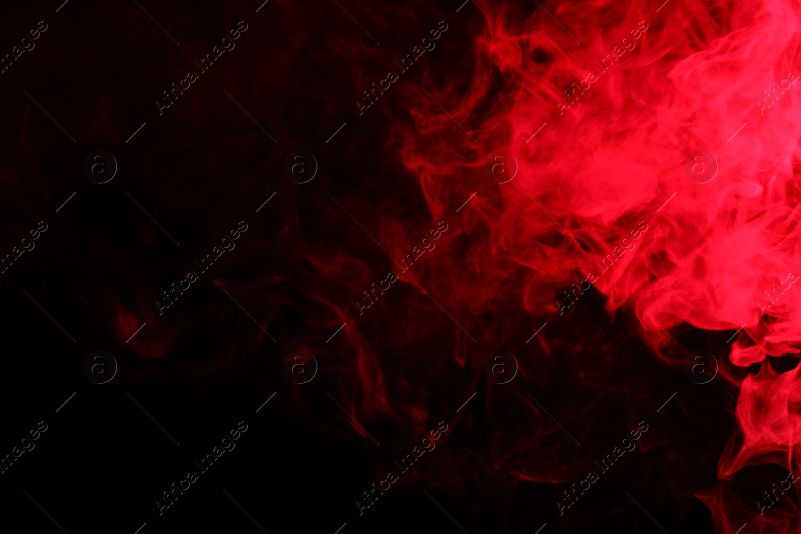 Photo of Hookah smoke in red light on black background, closeup. Space for text