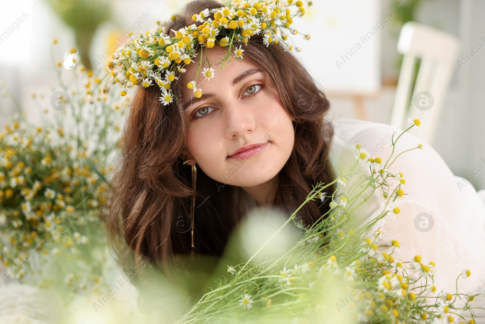 Portrait of beautiful woman with chamomile flowers indoors Photo of Portrait of beautiful woman with chamomile flowers indoors