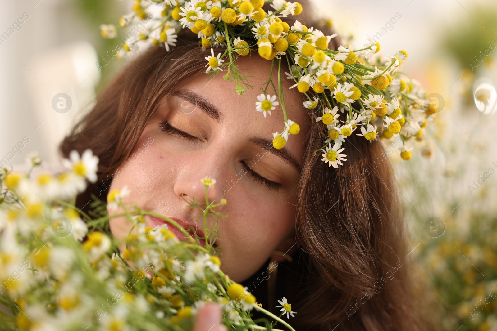 Portrait of beautiful woman with chamomile flowers indoors Photo of Portrait of beautiful woman with chamomile flowers indoors