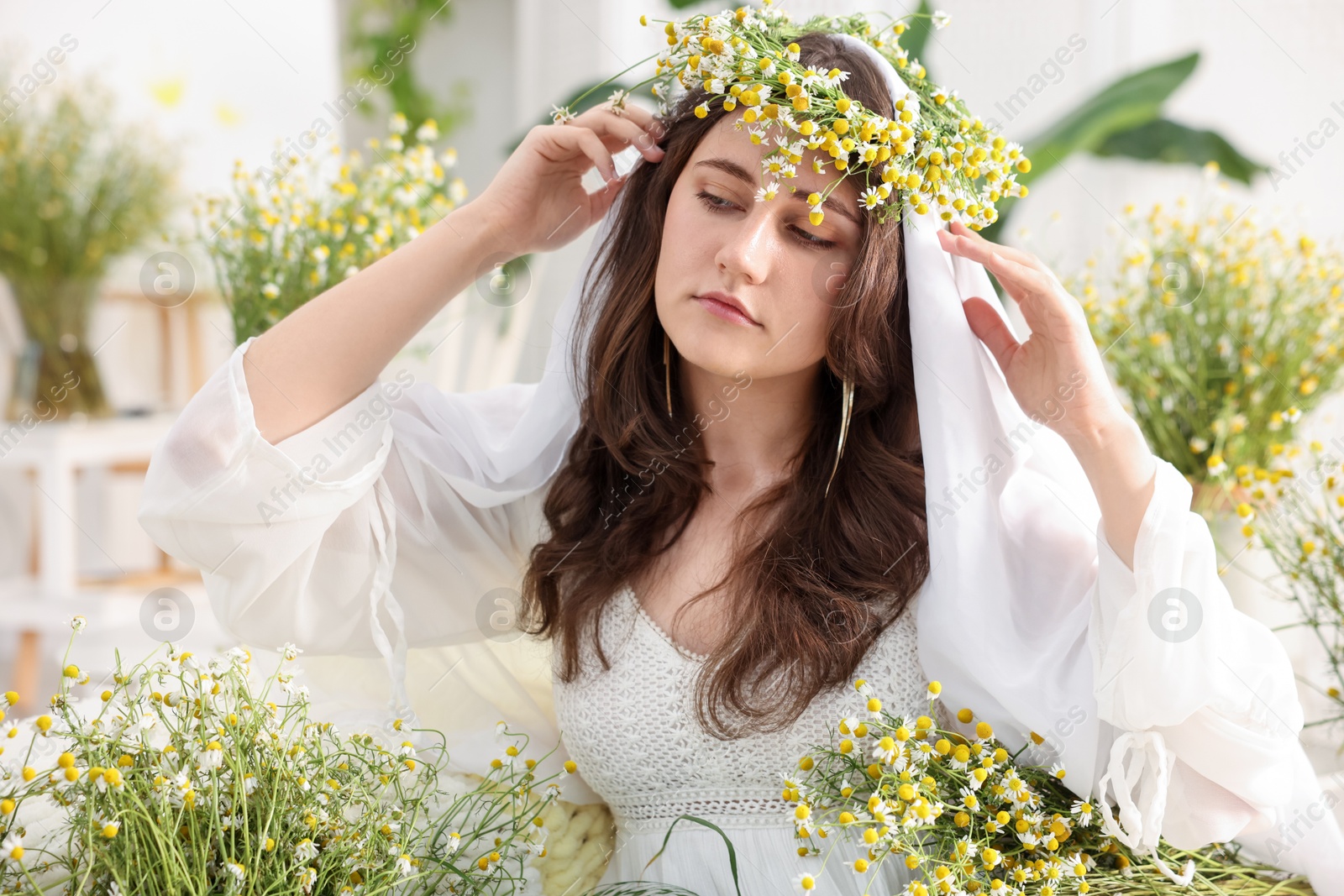 Portrait of beautiful woman with chamomile flowers indoors Photo of Portrait of beautiful woman with chamomile flowers indoors