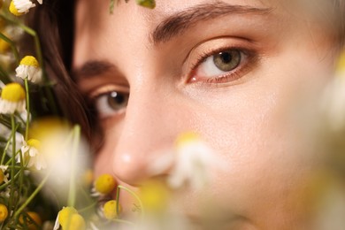Photo of Portrait of beautiful woman with chamomile flowers, closeup