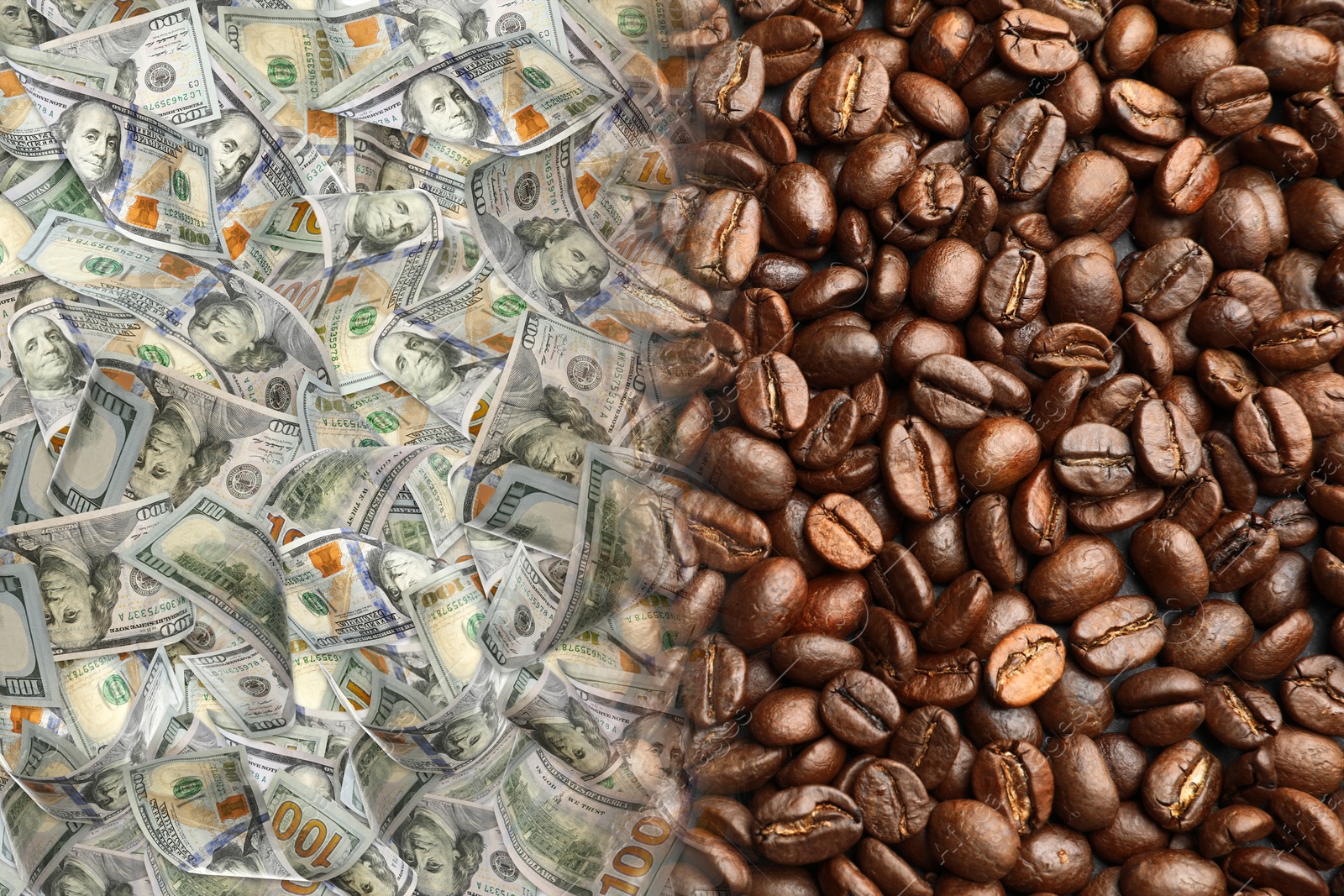Image of Rising coffee price. Roasted beans and dollar bills, double exposure