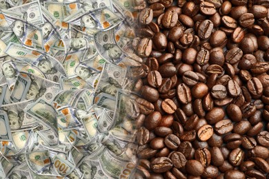 Image of Rising coffee price. Roasted beans and dollar bills, double exposure