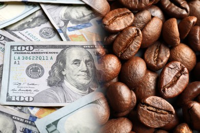 Image of Rising coffee price. Roasted beans and dollar bills, double exposure