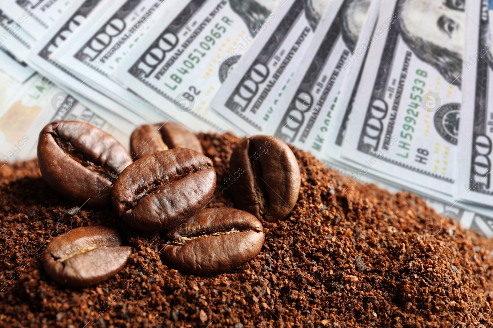 Image of Rising coffee price. Roasted beans and dollar bills, double exposure
