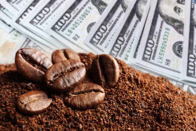 Image of Rising coffee price. Roasted beans and dollar bills, double exposure
