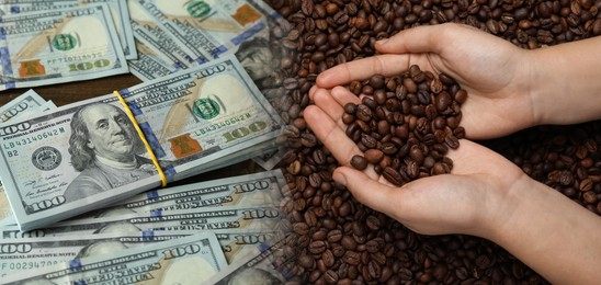 Image of Rising coffee price. Woman with roasted beans and dollar bills, double exposure. Banner design
