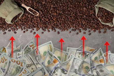 Image of Rising coffee price. Roasted beans and dollar bills with red arrows on grey table