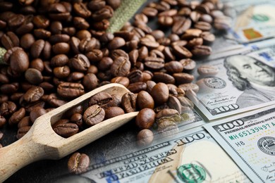 Image of Rising coffee price. Roasted beans and dollar bills, double exposure