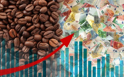 Image of Rising coffee price. Roasted beans, graph, red arrow and money, double exposure