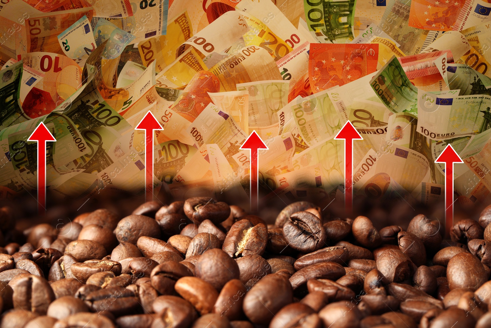 Rising coffee price. Roasted beans, red arrows and money, double exposure Image of Rising coffee price. Roasted beans, red arrows and money, double exposure