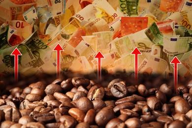 Image of Rising coffee price. Roasted beans, red arrows and money, double exposure
