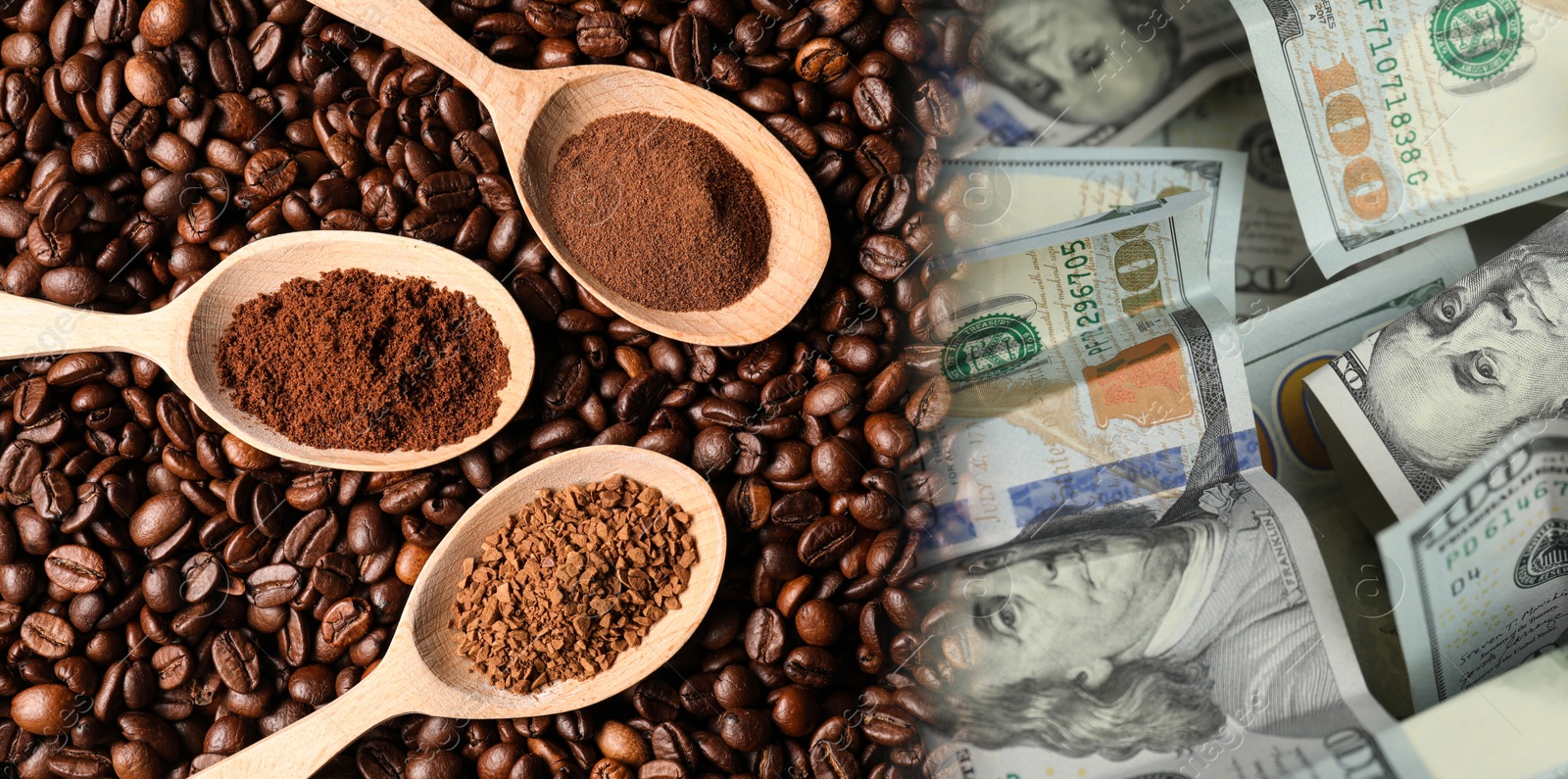 Rising coffee price. Roasted beans and dollar bills, double exposure. Banner design Image of Rising coffee price. Roasted beans and dollar bills, double exposure. Banner design