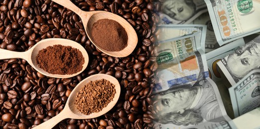 Image of Rising coffee price. Roasted beans and dollar bills, double exposure. Banner design