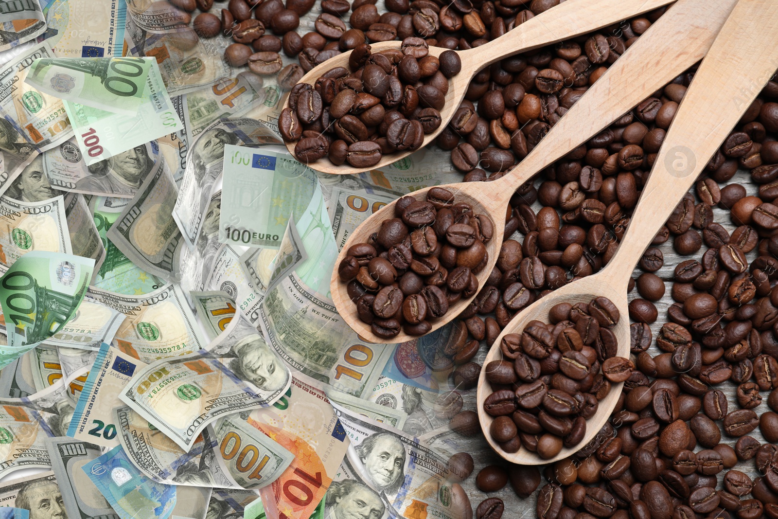 Rising coffee price. Roasted beans and money, double exposure Image of Rising coffee price. Roasted beans and money, double exposure