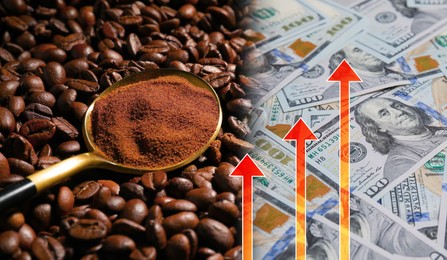 Image of Rising coffee price. Roasted beans, ground coffee, arrows and dollar bills, double exposure