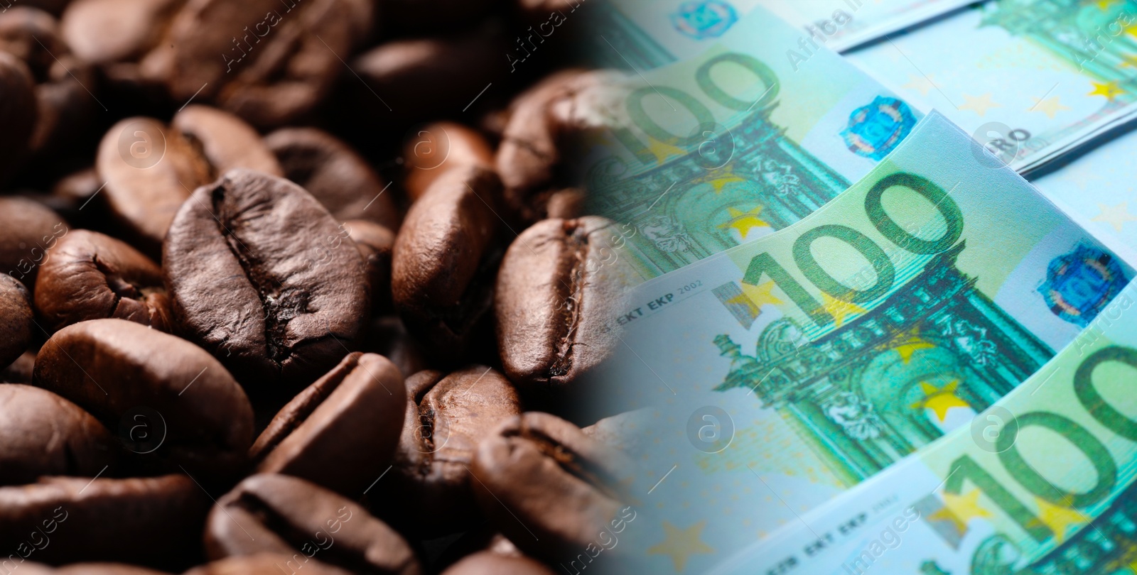 Rising coffee price. Roasted beans and euro bills, double exposure Image of Rising coffee price. Roasted beans and euro bills, double exposure