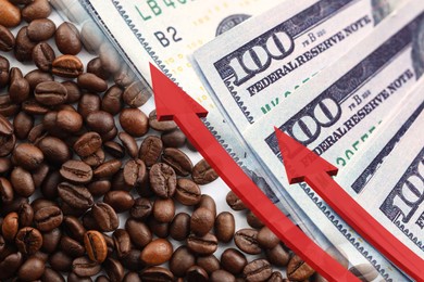 Image of Rising coffee price. Roasted beans and dollar bills with red arrows, double exposure