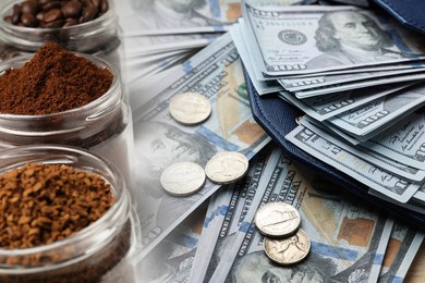 Image of Rising coffee price. Jars with instant, ground coffee, roasted beans and dollar bills, double exposure