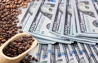 Image of Rising coffee price. Roasted beans and dollar bills, double exposure