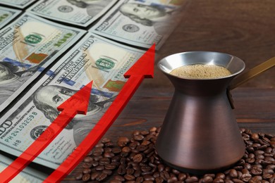 Image of Rising coffee price. Roasted beans, jezve, red arrows and dollar bills, double exposure