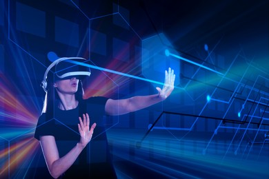 Image of Woman using virtual reality headset. Cyberspace around him