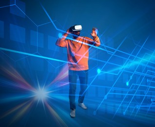 Image of Man using virtual reality headset. Cyberspace around him
