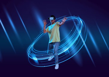 Image of Man using virtual reality headset on dark blue background. Bright neon lines around him