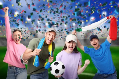 Image of Excited football fans under falling confetti at stadium