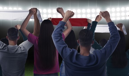 Image of Fans standing in spectator area at stadium, back view