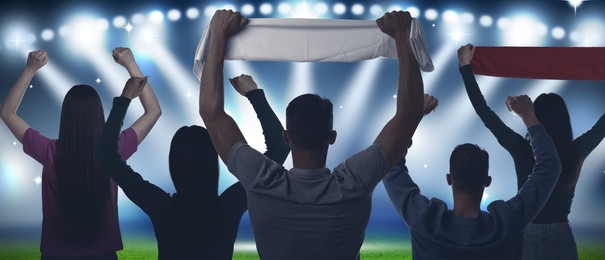 Image of Fans standing in spectator area at stadium, back view