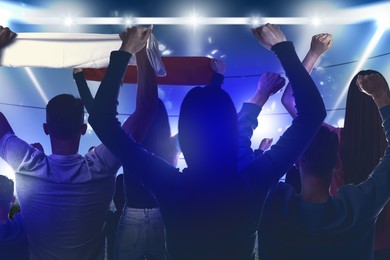 Image of Fans standing in spectator area at stadium, back view