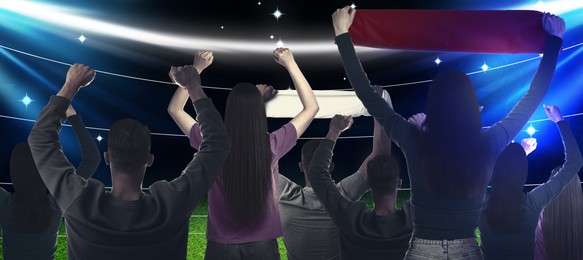Image of Fans standing in spectator area at stadium, back view