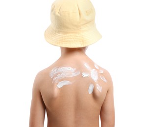 Photo of Little boy with sun protection cream on his skin against white background, back view